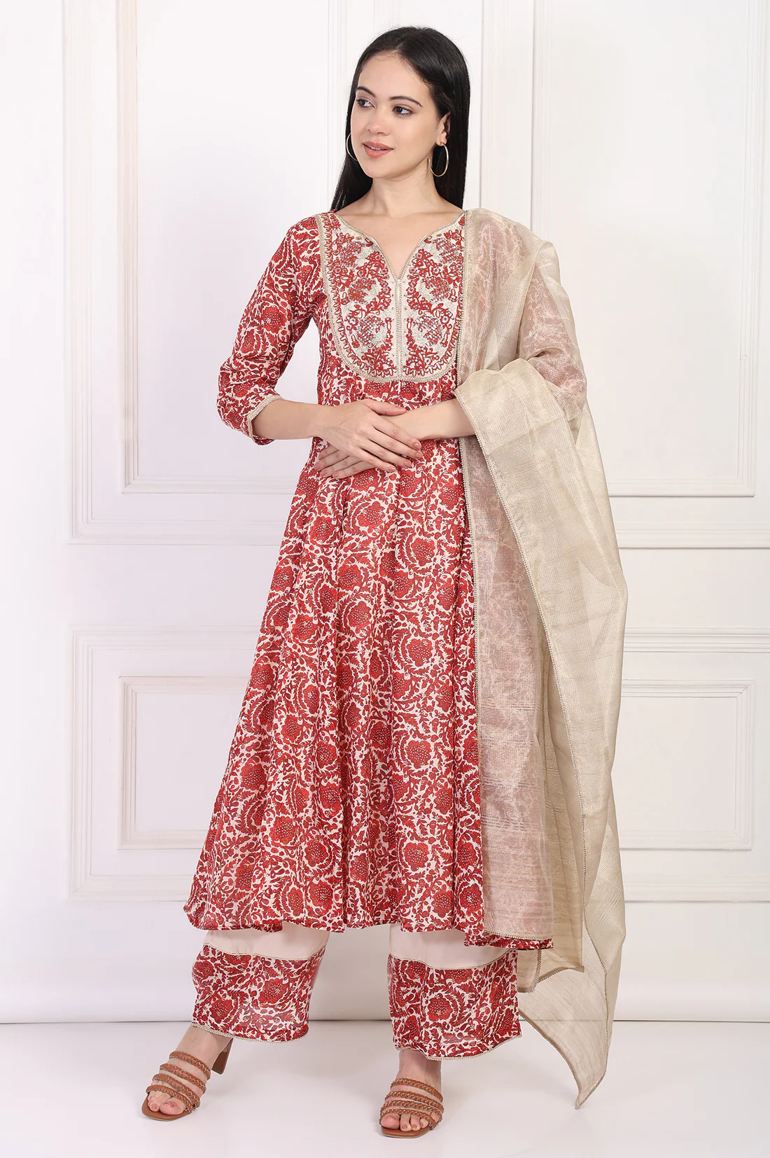 Red Embroidered Anarkali Kurta with Flared Pant